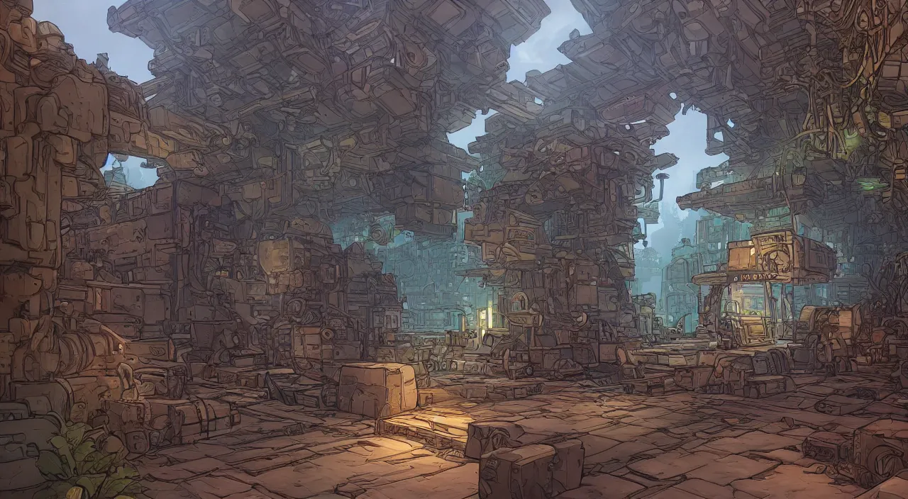 Image similar to wood wall fortress greeble block amazon jungle portal door unknow world global illumination ray tracing ambiant torch fornite that looks like it is from borderlands and by feng zhu and loish and laurie greasley, victo ngai, andreas rocha, john harris