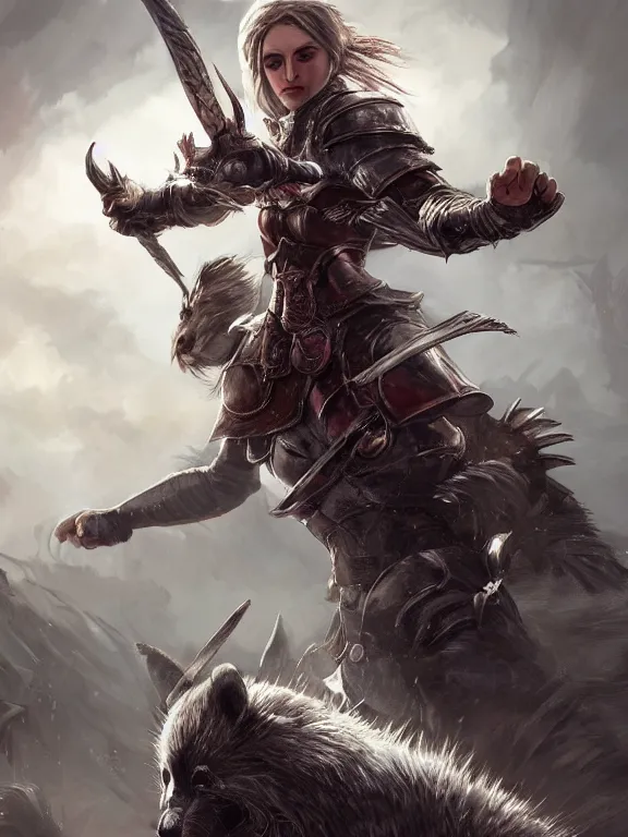 Image similar to a beautiful hyper realistic detailed epic concept art showing a noble knight women with her fist up and her spirit of the great raccoon gradian above her, in the style of dragon age, featured on artstation