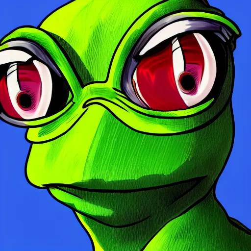 Prompt: close portrait of pepe green cartoon frog bright colors, retrofuturism, apocalypse, concept art, trending on artstation