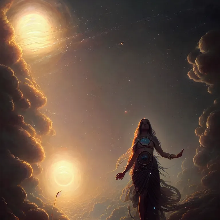 Image similar to a goddess of world full of life, divine thrill of the biological tranquil sky, atoms floating, by greg rutkowski, fantasy, horror, intricate, elegant, highly detailed, digital painting