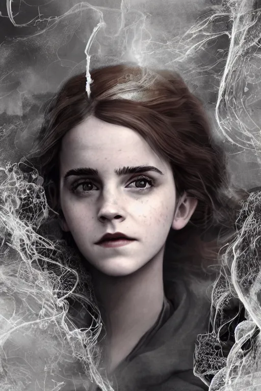 Prompt: a mix of of emma watson, anya taylor - joy and hermione granger, evil sorceress witch, lotr, movie still, hyperrealism, octane render, extremely detailed, intricate smoke magic, lace, style of mark ryden, earl nore, hyung tae, frank frazetta