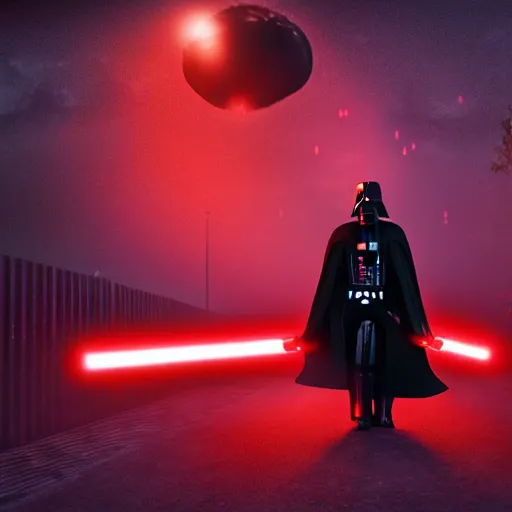 Image similar to ultra realistic scene, hdr, 4 k, darth vader walking in the night with his red lightsaber