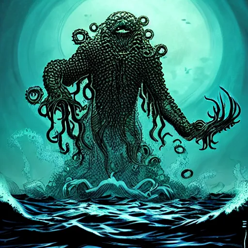 Prompt: in the style of Steve Niles and artgerm, Chtulhu rising from the water,, Lovecraftian, ocean, night, storm, lighting, terror, horror