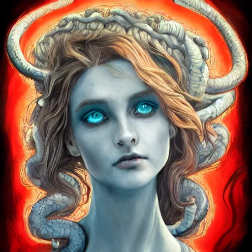 Image similar to character concept portrait of a beautiful woman with pale full face, medusa, headful of snakes, arthur rackham, blue / grey eyes, elegant, digital painting, art nouveau, smooth, focus, red glow