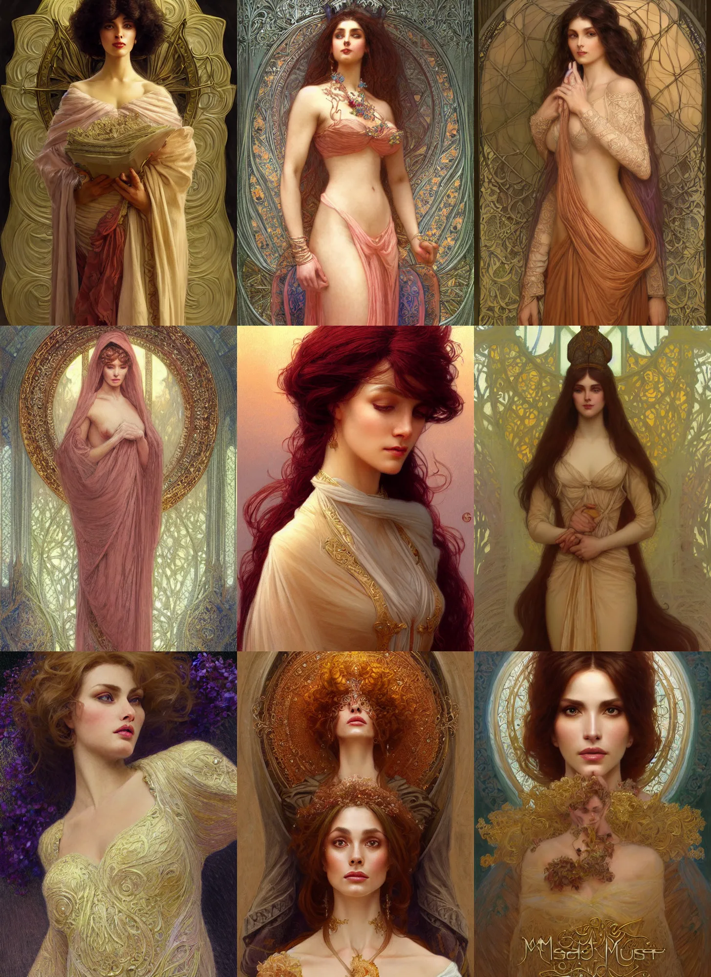 Prompt: character concept portrait of me as modest wife blessed by god to grow ever more intelligent beautiful voluminous muscular tall and virtuous. modestly clothed, intricate, elegant, highly detailed, in january, digital painting, artstation, concept art, symmetry, smooth, sharp focus, illustration, art by gaston bussiere and alphone mucha