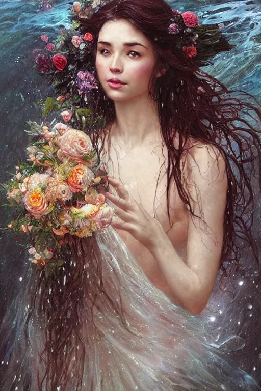 Image similar to portrait of a beautiful mysterious drenched woman holding a bouquet of flowing flowers, drenched clothing, wet dripping long hair, hands hidden under the bouquet, emerging from the water, fantasy, regal, intricate, by stanley artgerm lau, greg rutkowski, thomas kindkade, alphonse mucha, loish, norman rockwell