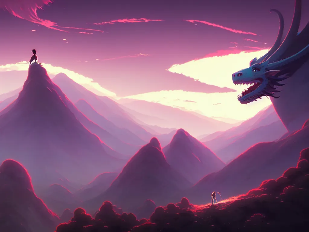 Image similar to a vast scene, panorama distant view, scene render of a dragon, animation concept portrait art, style of makoto shinkai, xision, james jean and peter mohrbacher, studio ghibli, artgerm, karol bak, beeple, animation style, 8 k hd, trending on artstation