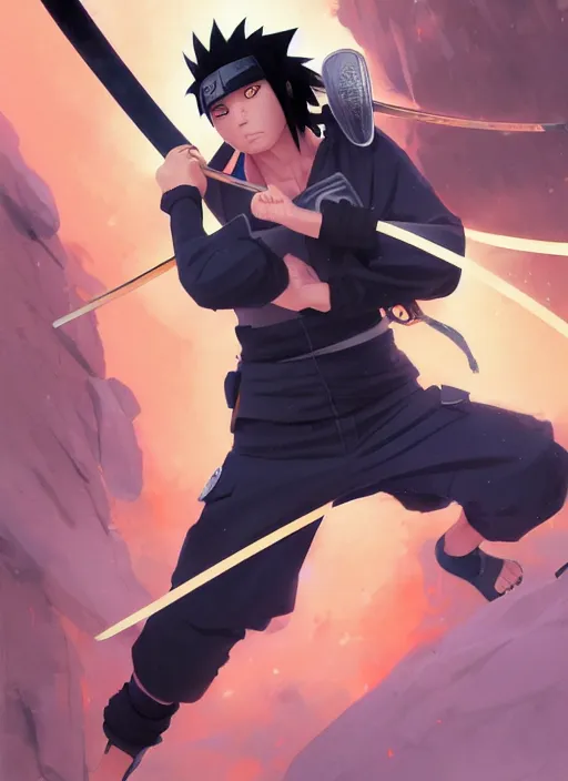 Image similar to highly detailed katana wielding naruto uzumaki with black hair, fighting with polish policeman art by greg rutkowski, loish, rhads, ferdinand knab, makoto shinkai and lois van baarle, ilya kuvshinov, rossdraws, tom bagshaw, global illumination, radiant light, detailed and intricate environment