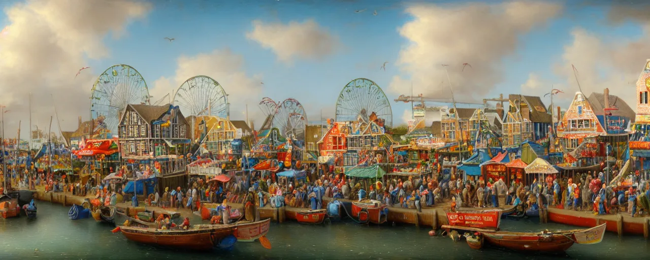 Prompt: a miniature diorama of a fishing village, by kevin sloan, harbour, colorful, busy crowds, fish market stalls, fairground rides, boats, calm sea, dutch masters, very detailed, octane render, cinematic lighting, 8 k, hd