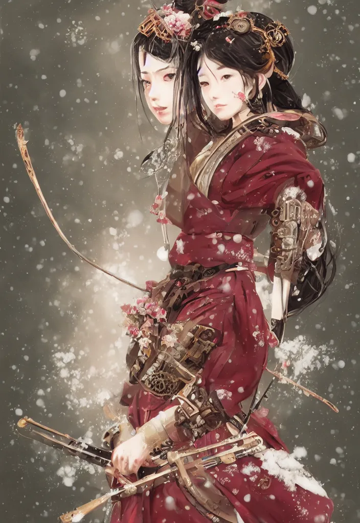 Image similar to detailed portrait of steampunk girl samurai with tachi and cross bow combat pose in snow forest sakura cherry blossom swan hakama kimono trending on artstation elite, elegant, luxury, by krenz cushart greg rutkowski alexandros, perfect face, fine details, realistic shaded, fine - face, pretty face