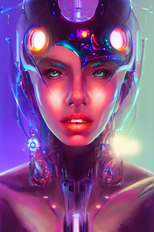 Image similar to portrait of a trippy cyborg girl with biotechnical parts and neon light by Artgerm, digital painting, highly detailed, trending on artstation