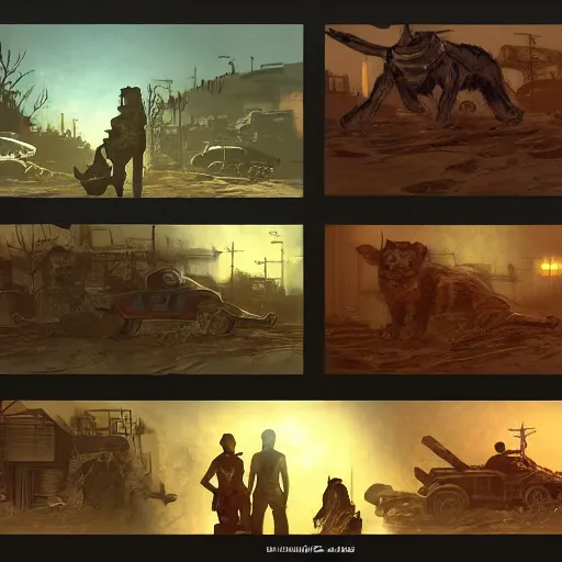 Image similar to fallout 5, concept art drawings of the opening scene, storyboard, concept art, comic style, female protagonist and large feline companion, atmospheric lighting, painted, intricate, volumetric lighting, beautiful, gritty, rich deep colours masterpiece, sharp focus, ultra detailed by jack kirby, ignacio fernandez rios, thierry doizon