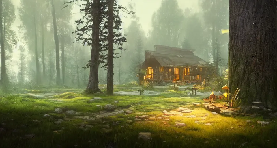 Image similar to A landscape with a quiet tavern in the middle of a forgotten magical forest, large trees, mushrooms, warm lighting, inviting, enchanting, rendered by simon stålenhag, rendered by Beeple, Makoto Shinkai, syd meade, environment concept, digital art, unreal engine, 3 point perspective, WLOP, trending on artstation, low level, 4K UHD image, octane render,