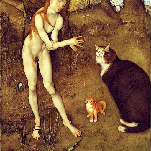 Image similar to oil painting of a girl trying to rescue a cat from a swamp by Albrecht Dürer