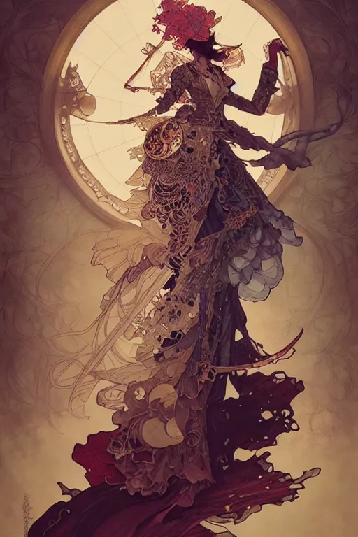 Image similar to magician style clothing design, fantasy, highly detailed, intricate, smooth, art by joseph leyendecker, peter mohrbacher, ruan jia, marc simonetti, ayami kojima, cedric peyravernay, alphonse mucha, victo ngai