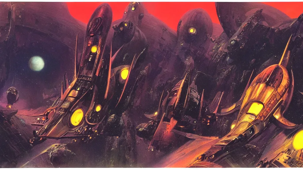 Prompt: spaceship design by paul lehr and jack gaughan and john schoenherr, epic cinematic matte painting