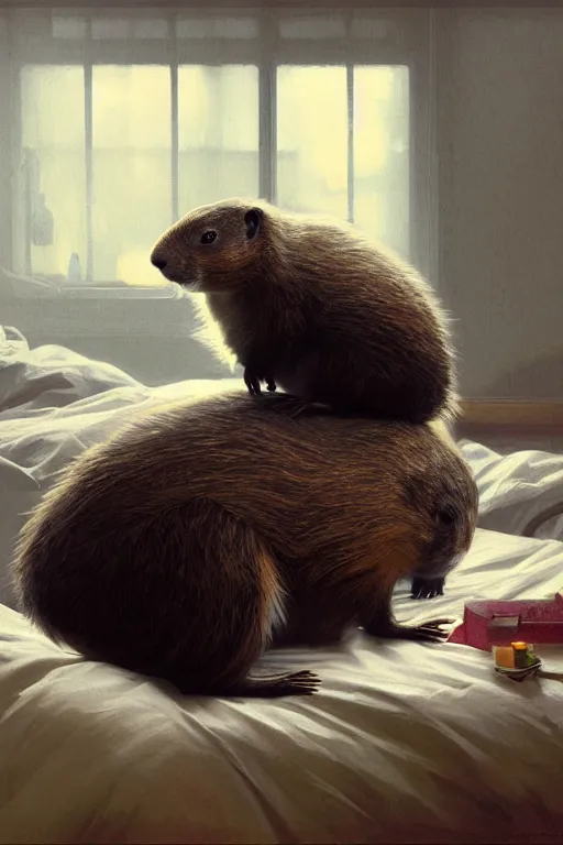 Image similar to drug addicted groundhog lies on the bed, realistic portrait, highly detailed, digital painting, artstation, concept art, smooth, sharp focus, illustration, cinematic lighting, art by artgerm and greg rutkowski and alphonse mucha