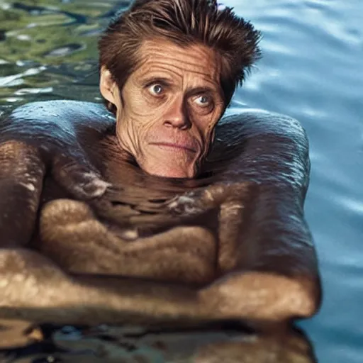 Image similar to photograph of Willem Dafoe sitting underwater, thinking intensely