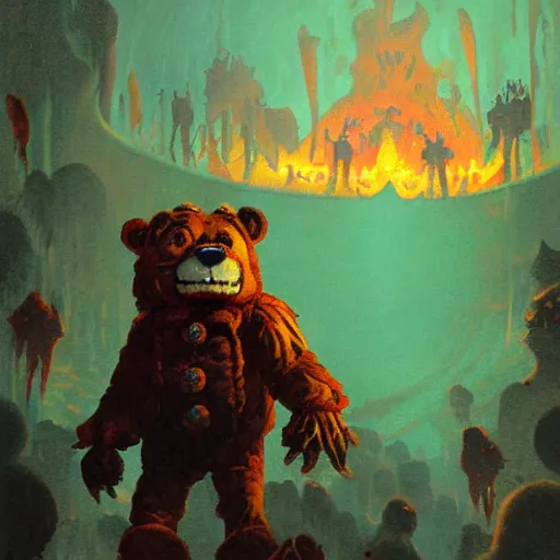 Prompt: freddy fazbear in hell by paul lehr and moebius