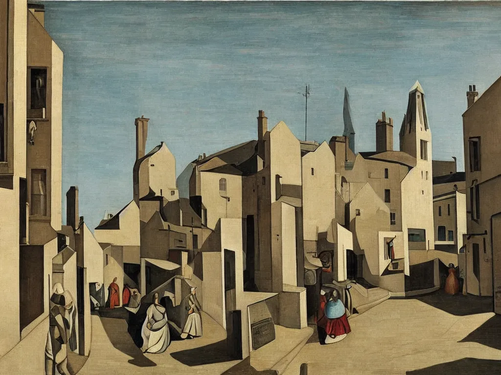 Image similar to a painting of street life in kirkwall, orkney, people,houses, by Giorgio de Chirico