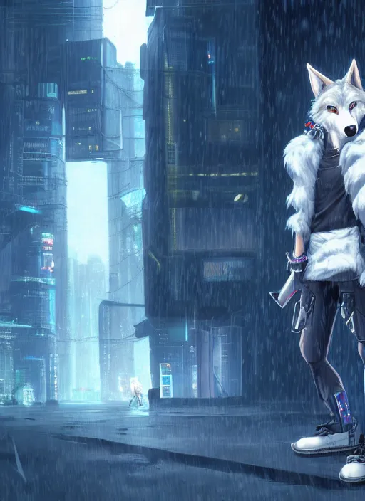 Image similar to character portrait of a male anthro wolf fursona with white fur, a tail and a cute beautiful attractive furry face wearing stylish cyberpunk clothes in a cyberpunk city at night while it rains. hidari, color page, tankoban, 4K, tone mapping, Akihiko Yoshida.