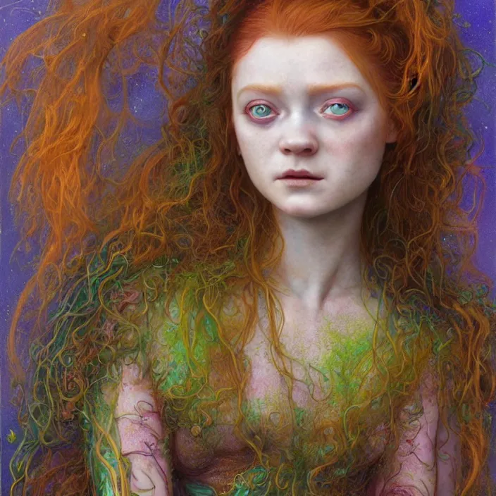 Image similar to a portrait photograph of sadie sink as a brightly colored mermaid alien hybrid with wet mutated skin. wearing an growing organic catsuit. by tom bagshaw, donato giancola, hans holbein, walton ford, gaston bussiere, brian froud, peter mohrbacher and magali villeneuve. 8 k, cgsociety