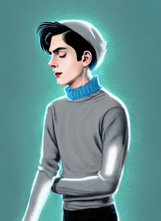 Image similar to portrait of teenage jughead jones wearing a light grey crown, crown, blue turtleneck, 1 9 5 0 s, closed eyes, photorealistic, black hair, glowing lighting, intricate, elegant, glowing lights, highly detailed, digital painting, artstation, concept art, smooth, sharp focus, illustration, art by wlop, mars ravelo and greg rutkowski