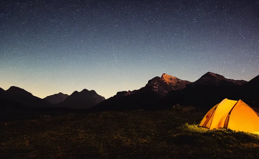 Image similar to night photography of a tent with mountains in the background