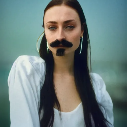 Prompt: photo, sophie turner, handlebar mustache, morocco, white clothing, ektachrome, portrait, mid shot, 5 0 mm,