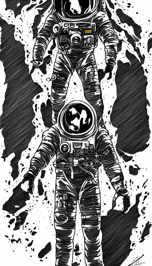 Image similar to concept art, digital art, manga drawing, full body astronaut sketch, sci fi, illustration, in the style of darren bartley, mike mignola