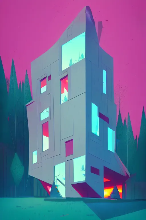 Prompt: an illustration of a post - modern building in the woods, trending on artstation, central composition, very cartoon, shape focus, high detailed, by anton fadeev