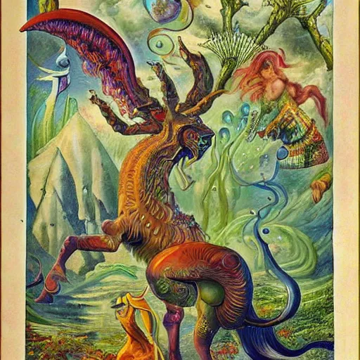 Prompt: strange mythical beasts of whimsy, surreal oil painting by ronny khalil and johfra, drawn by ernst haeckel, as an offering to zeus