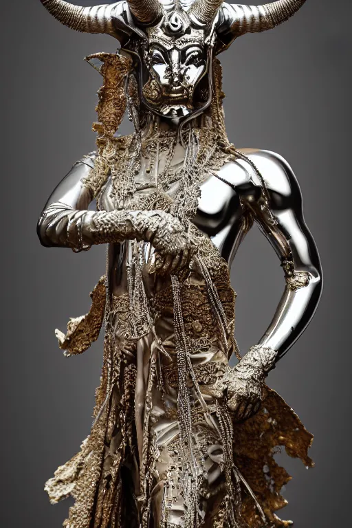 Image similar to chrome carved statue of horned persian sacred demon goddess, metallic polished intricated sculpture, dressed with a colorful torn cotton cloak, made by antonio corradini, and dug stanat macabre art, dark surrealism, epic and cinematic view, volummetric light, texturized, detailed, 8 k