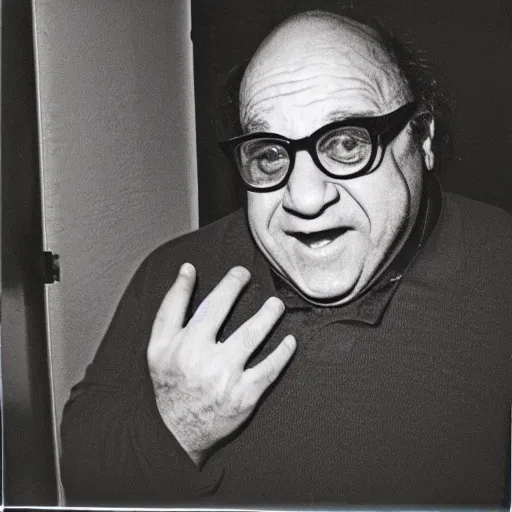 Image similar to A creepy polaroid photo of Danny Devito staring at you from the end of the hallway.