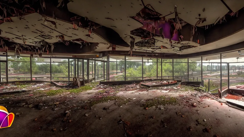 Prompt: Beautiful Kodachrome 35mm footage of a 90s Taco Bell restaurant abandoned apocalypse with nature reclaiming overgrowth, atmospheric, volumetric lighting, 4k-s 100