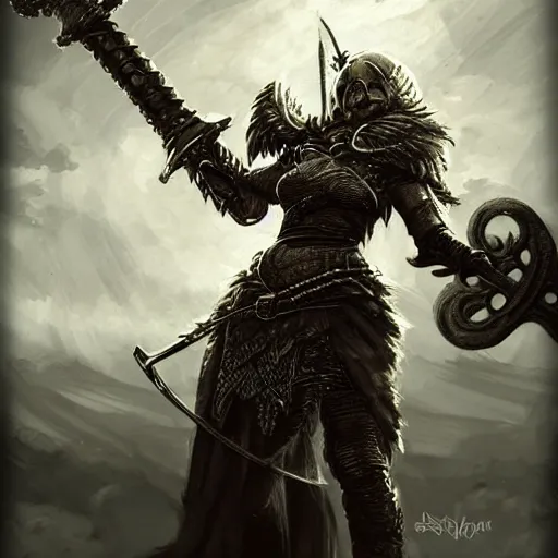 Prompt: Valkyrie wielding an ornate spear in the sky; dark fantasy, concept art, dark souls