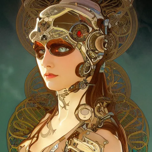 Prompt: A close-up portrait of a beautiful female cyborg wearing an intricate venetian mask by Alphonse Mucha, exposed mechanism inside, brightly glowing eyes, art nouveau card, wlop, trending on artstation