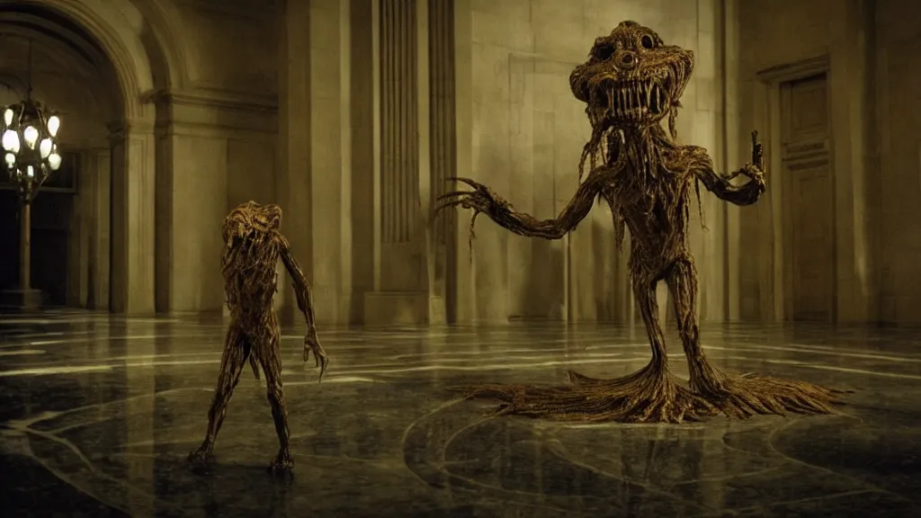 Prompt: the strange creature in city hall, made of wax and water, film still from the movie directed by Denis Villeneuve with art direction by Salvador Dalí, ultra low angle
