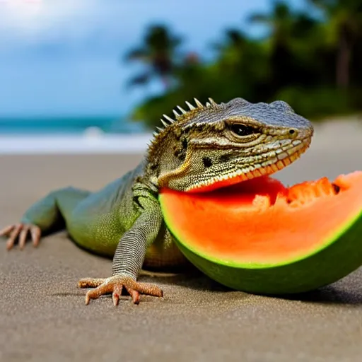 Prompt: a lizard out in the beach looking into a big slice of melon in front of it