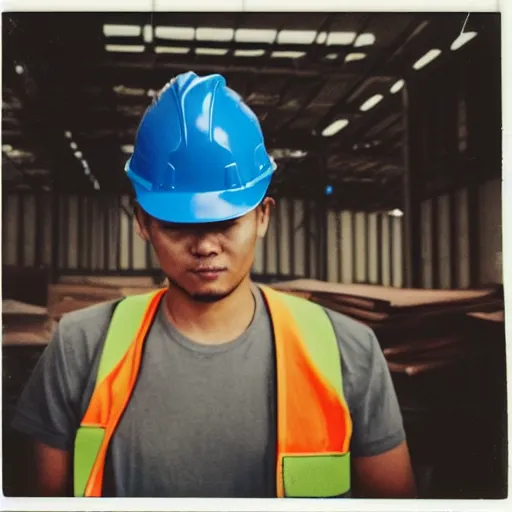 Image similar to a polaroid photo of man walking lazada logistics warehouse, he's wearing blue cloth and construction hat,, photo from behind, highly details, perfect face shape, cinematic lighting,