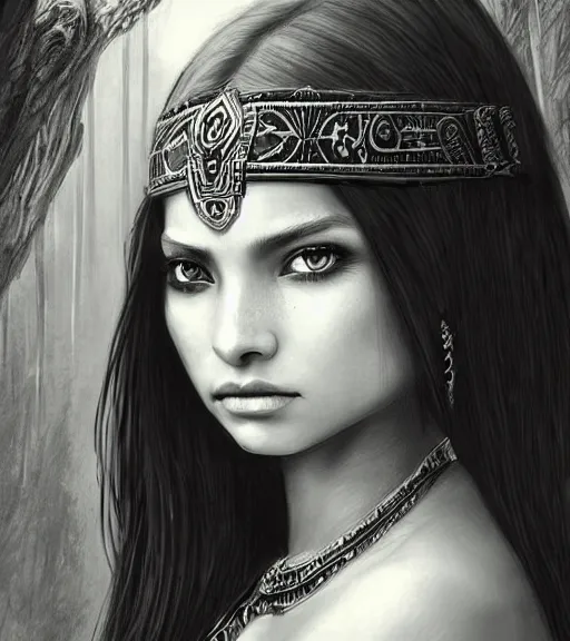 Image similar to beautiful intricate exquisite mayan princess realistic face, beautiful eyes, black and white drawing, in the style of greg rutkowski, fantasy, amazing detail, epic, intricate, elegant, smooth, sharp focus