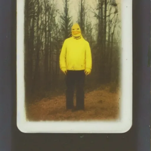 Image similar to the yellow dog man, creepypasta, old colored polaroid, 1 9 2 0's, liminal, foggy forest