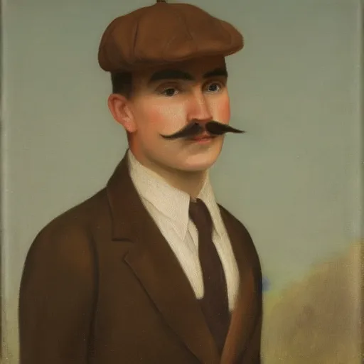 Prompt: portrait of a british young man in a flat cap, a small mustache, and a nice brown suit, oil painting