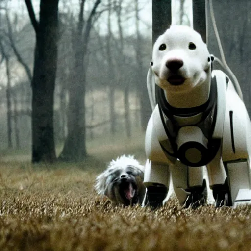 Image similar to movie still of dog robot white swiss shepperd, cinematic composition, cinematic light, criterion collection, by edgar wright