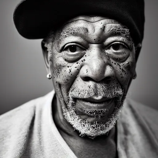 Prompt: a studio photograph of Morgan Freeman dressed as Tupac, 40mm lens, shallow depth of field, split lighting