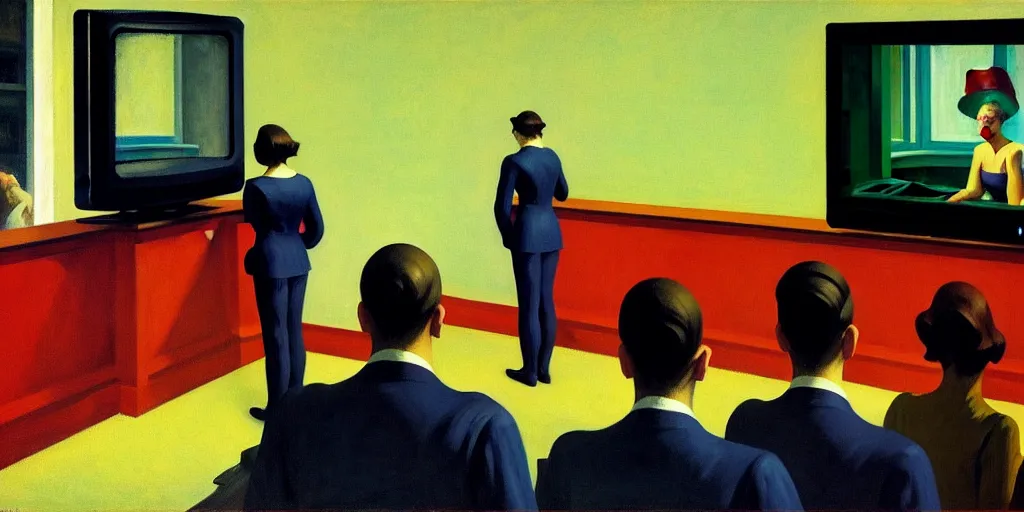 Image similar to edward hopper painting of a crt television broadcasting propaganda outside of the screen, lots of people standing around with no eyes. one normal person with eyes, a young man, frightened about what is going on around him s 1 5 0