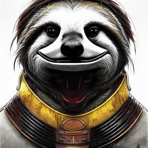 Image similar to graphic, hyperreal illustration of anthropomorphic sloth in traditional samurai armor : : digital art, concept art, character development : : illustrated by artgerm, yoji shinkawa, scott buoncristiano, nychos