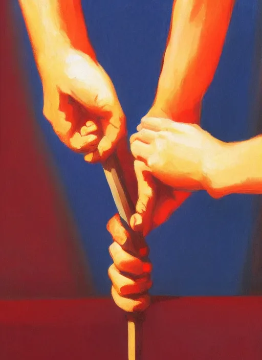 Image similar to three hands holding a hammer painted by Edward Hopper and James Gilleard
