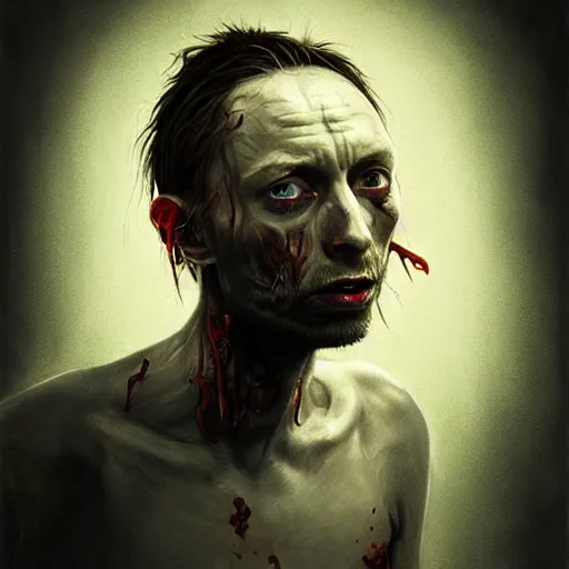 Prompt: young thom yorke as a zombie looking unsure, 7 days to die zombie, fine art, award winning, intricate, elegant, sharp focus, cinematic lighting, rimlight, digital painting, 8 k concept art, art by z. w. gu, art by brom, art by michael hussar, 8 k