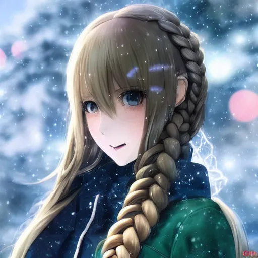 Prompt: a very beautiful anime girl, full body, long braided curly blonde hair, green eyes, full round face, short smile, casual clothes, winter setting, cinematic lightning, medium shot, mid-shot, highly detailed, trending on Artstation, Unreal Engine 4k, cinematic wallpaper by Stanley Artgerm Lau, WLOP, Rossdraws, James Jean, Andrei Riabovitchev, Marc Simonetti, and Sakimichan